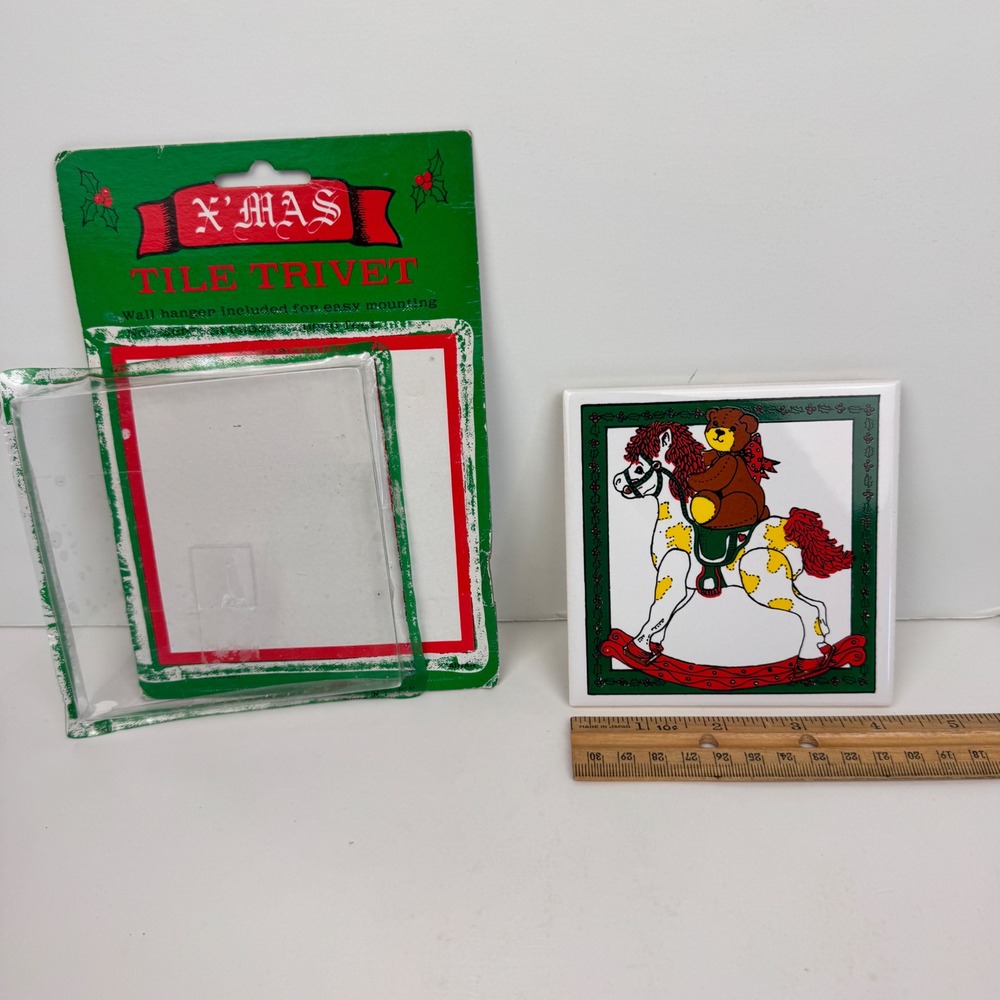Vtg Christmas tile trivet ceramic teddy bear rocking horse w orig box READ